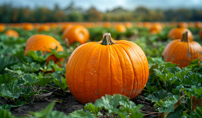 A field of pumpkins with one large pumpkin in the foreground. The pumpkins are orange and are scattered throughout the field