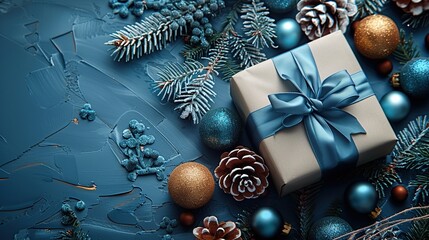 A blue Christmas background includes a gift box, fir branches, and blue balls for a xmas banner mockup.