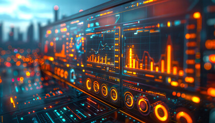 Fototapeta premium A computer monitor displays a variety of colorful graphs and numbers. Concept of technology and data analysis, with the bright colors and busy patterns suggesting a fast-paced, high-tech environment