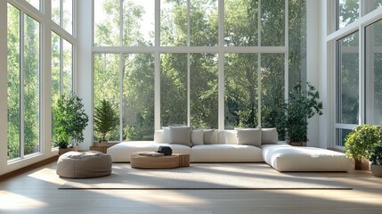 Sunlit Modern Minimalist Living Room with Large Windows and Greenery