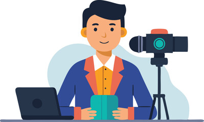 A man sits at a desk with a camera and laptop, focusing on content creation while holding a notepad.