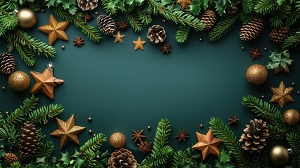 The Christmas frame top view features fir tree branches with cones and wooden handmade stars over a blue background for a xmas or New Year banner.