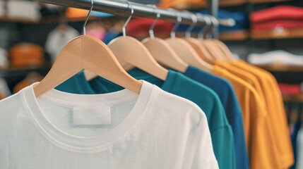 camisetas de colores colgadas en perchas con etiquetas blancas en el cuello.