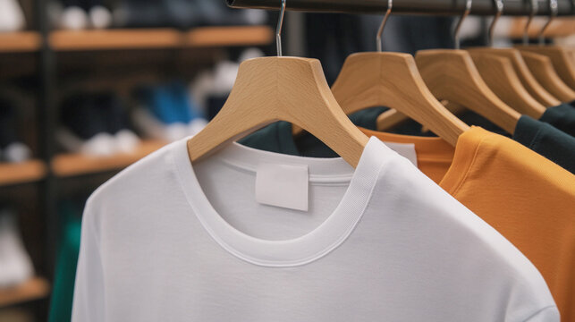 Camisetas de colores en perchas de madera en una tienda de ropa con una etiqueta blanca.