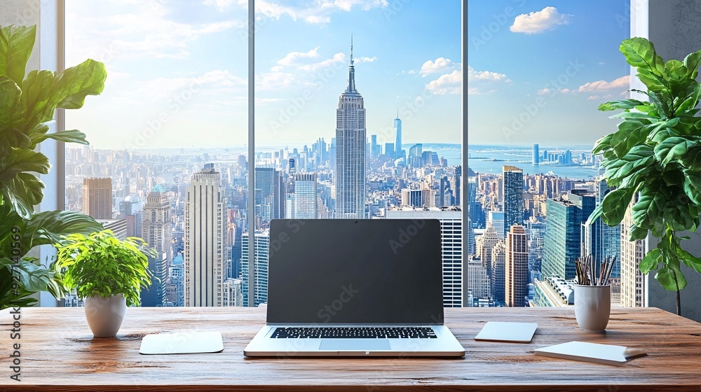 Poster a serene executive office with an impressive view of the city from above the minimalist furnishings 