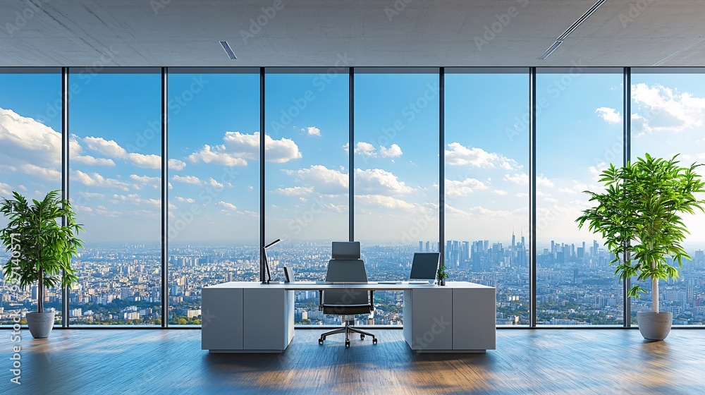 Aufkleber a serene executive office with an impressive view of the city from above the minimalist furnishings 