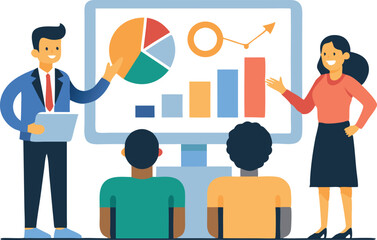 Two colleagues present data insights on a screen to an engaged audience in a bright office environment.