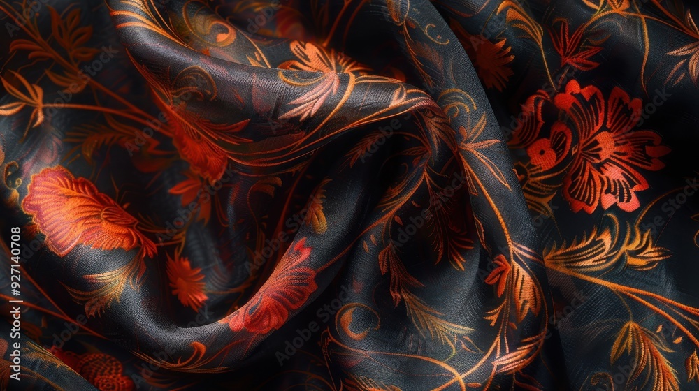 Poster a close-up image of a dark blue fabric with a colorful floral pattern. the fabric has a silky textur