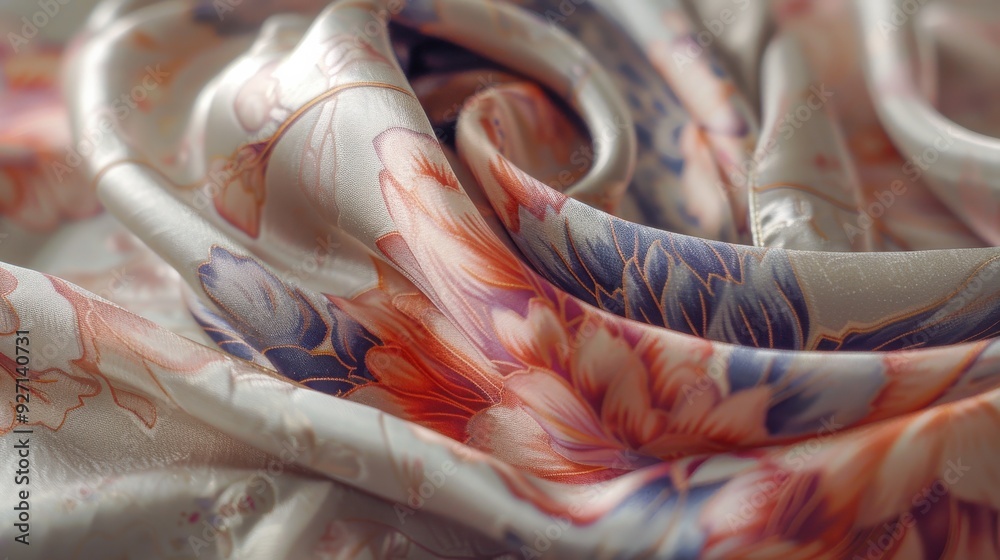 Poster a close-up shot captures the delicate texture and intricate floral pattern of a silky fabric, its so