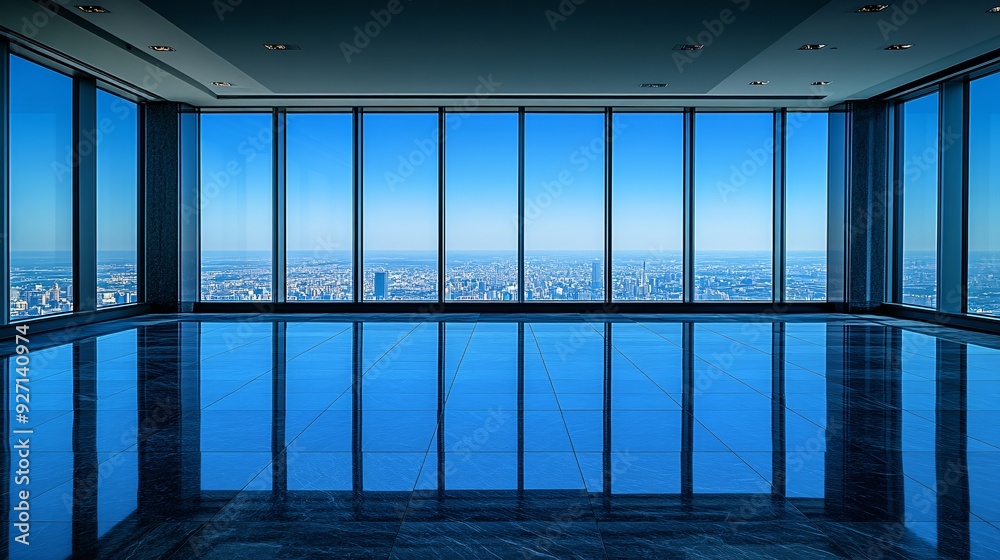 Poster a high-rise office with a minimalist interior design and floor-to-ceiling windows providing a wide v