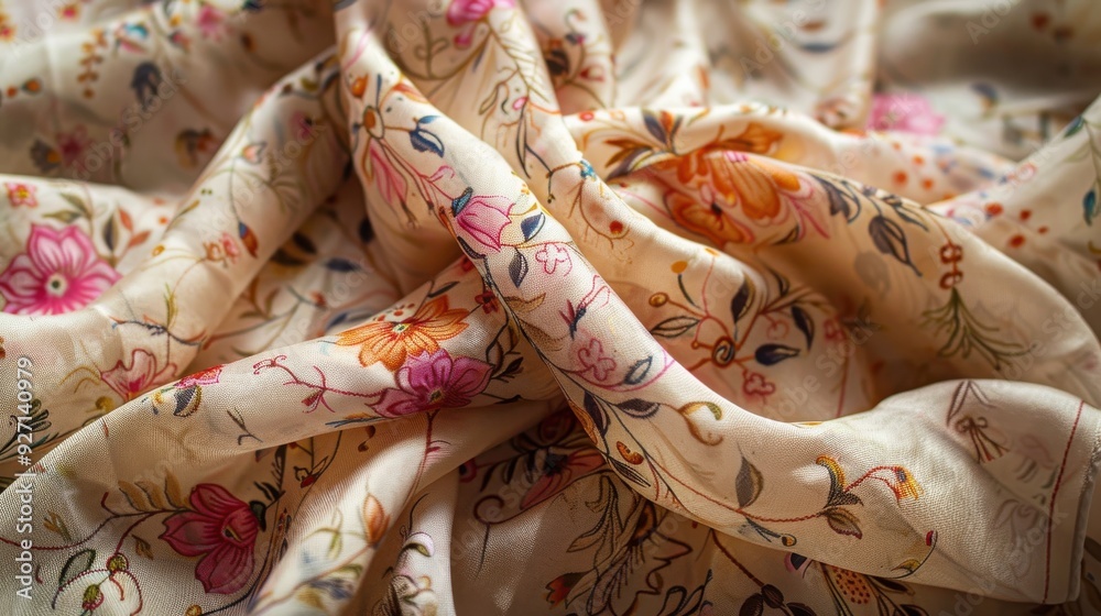 Poster a close-up shot of a cream-colored fabric with a floral pattern. the fabric has a soft, flowing text