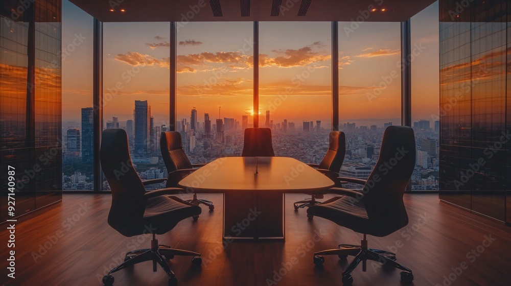 Poster a high-rise office with a minimalist interior design and floor-to-ceiling windows providing a wide v