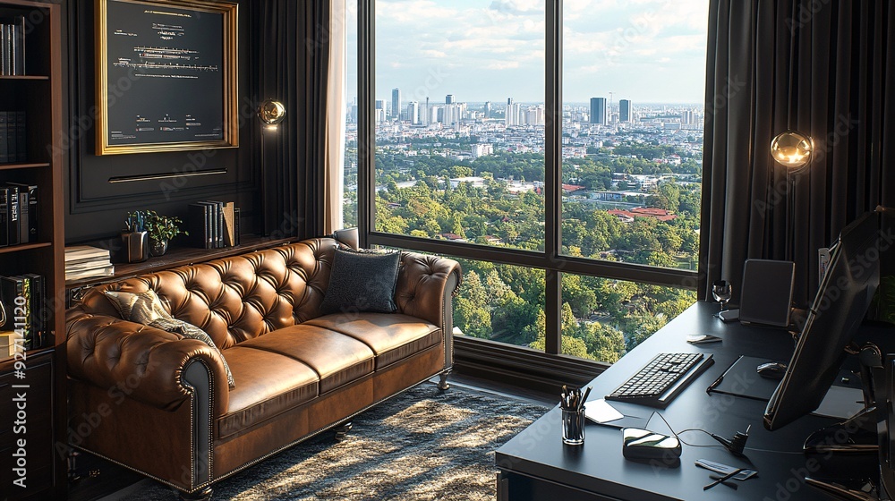 Aufkleber a luxurious executive office with a panoramic city view from high above the sleek modern furnishings