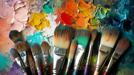 Obraz premium Vibrant Colors and Brushes on a Painter's Palette: A Close-Up