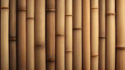 Naklejka premium Natural Bamboo Wall: A close-up of a wall made of bamboo poles, showcasing their natural texture and color. The photo evokes a sense of tranquility and serenity, ideal for creating a calming atmospher
