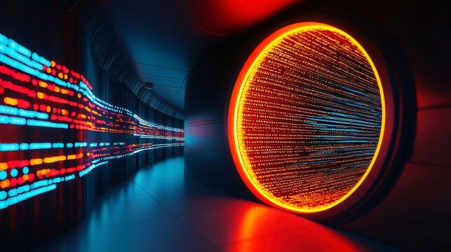 Futuristic Tech Tunnel, an immersive passageway illuminated by glowing computer code, showcasing advanced technology and a digital landscape that evokes innovation and progress.