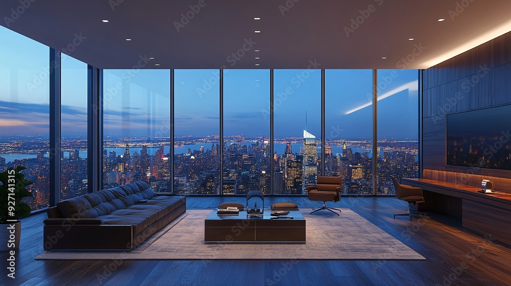 Poster a high-rise executive office with expansive views of the city through floor-to-ceiling windows the m