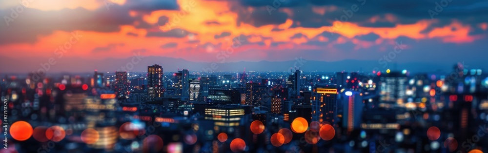 Poster a panoramic view of a city at sunset, with the foreground blurred to create bokeh effect. the sky is