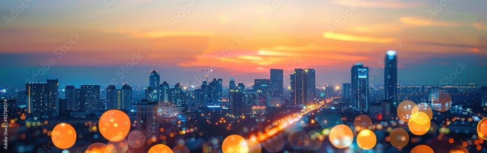 Poster a panoramic view of a city skyline at sunset. the sun is setting behind the tall buildings, casting 