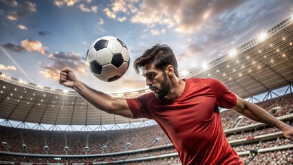 football player in red shirt striking the ball