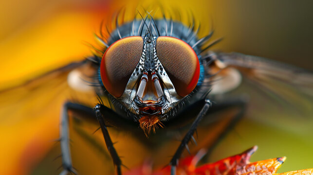 a close-up of a fly with large, red eyes and a black body.