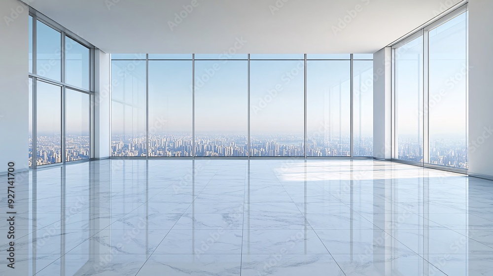Poster a high-rise office space with expansive windows that offer a wide view of the urban landscape below 