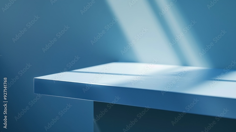 Poster a white tabletop sits in front of a blue wall. natural sunlight streams in from the left, casting lo