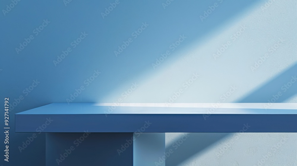 Poster A white shelf is placed against a light blue wall. Sunlight streams in from the right side of the image, casting a long shadow on the wall and the shelf.