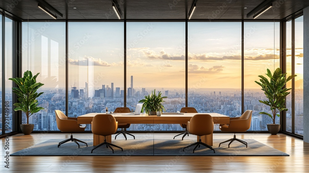 Poster a modern executive office with an expansive city view from high above the minimalist interior and sl
