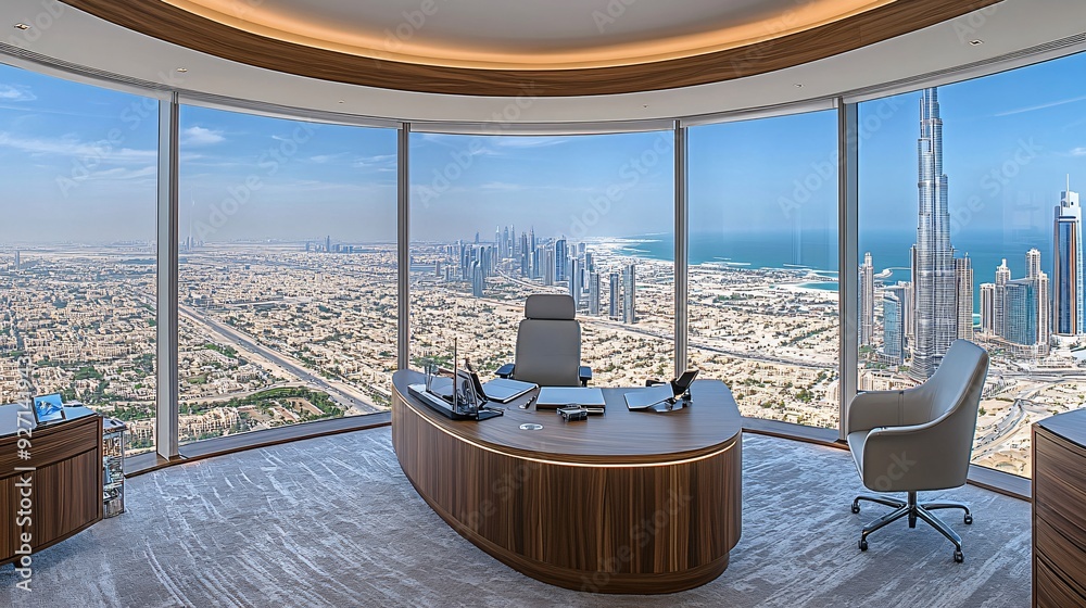 Poster a modern executive office with an expansive city view from high above the minimalist interior and sl