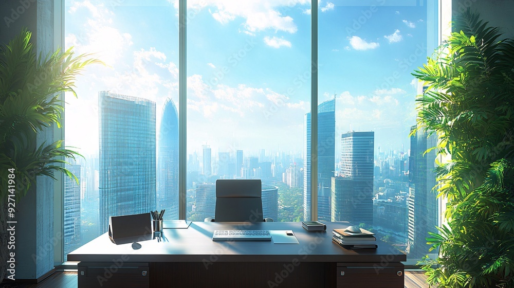 Poster an executive office with a breathtaking view of the city skyline through large windows the minimalis