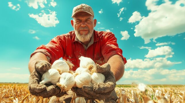 Anonymous male farmer holding freshly harvested garlic in his hands, engaged in agricultural work on sunlit farmland, showcasing a bountiful harvest and dedication to farming.