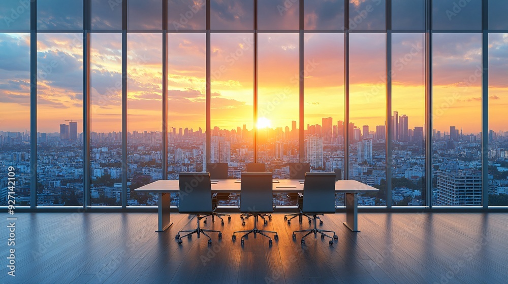 Poster a sleek executive office with floor-to-ceiling windows providing a wide panoramic view of the city b