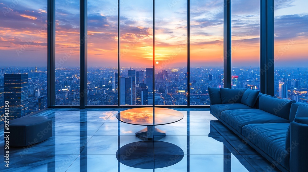 Poster a sleek executive office with floor-to-ceiling windows providing a wide panoramic view of the city b