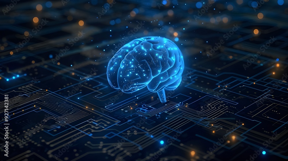 Poster a blue digital brain floating on top of an intricate circuit board, symbolizing the ai's ability to 