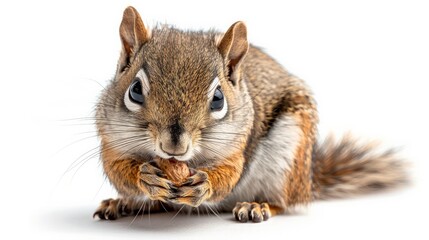 Obraz premium Squirrel holding a nut, isolated on white background, full-body shot, colored background, cute and curious