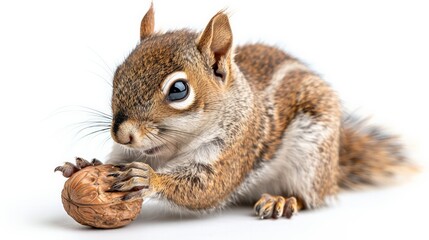 Obraz premium Squirrel holding a nut, isolated on white background, full-body shot, colored background, cute and curious
