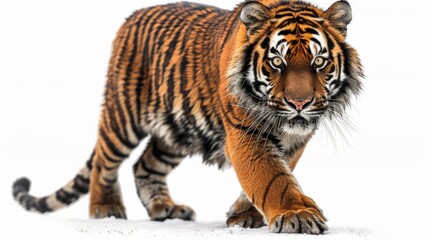 Obraz premium Tiger prowling with intensity, isolated on white background, full-body shot, colored background, wild predator focus