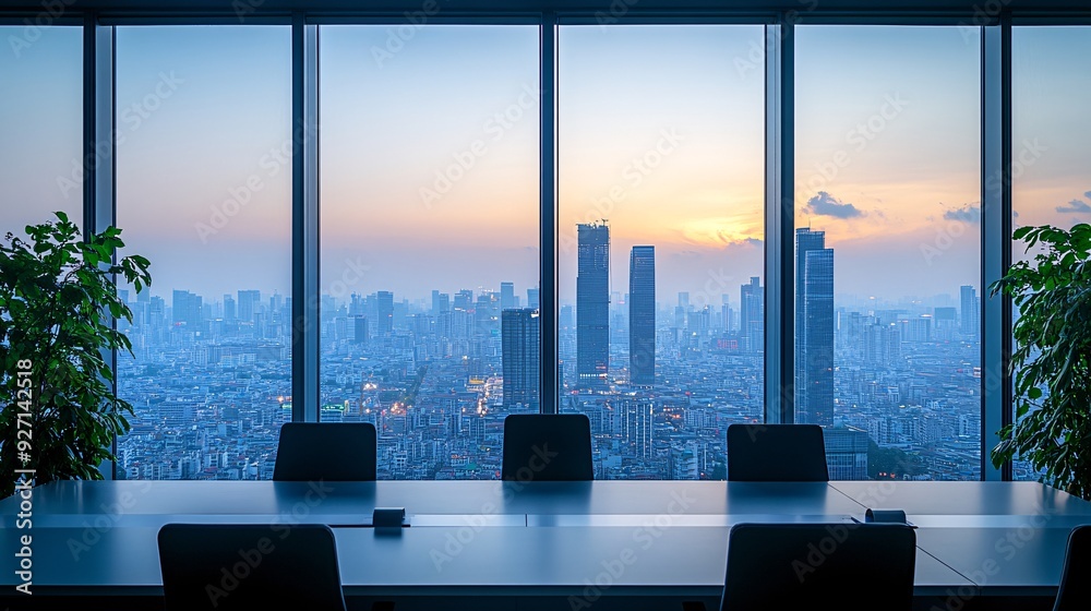 Poster a serene executive office with a panoramic view of the city through large windows the minimalist des