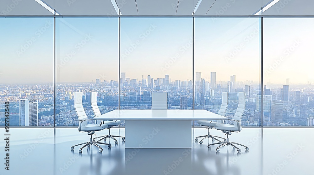 Poster a serene executive office with a panoramic view of the city through large windows the minimalist des