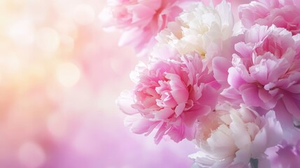 A close-up of pink and white peonies against a soft, colorful background.