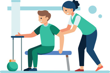 A physical therapist helps a patient perform exercises to improve strength and mobility in a rehabilitation environment.