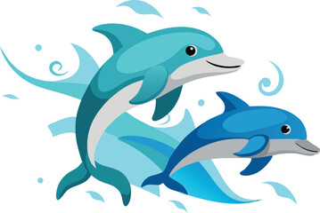 Fototapeta premium A fun vector illustration of dolphins swimming together in the ocean.