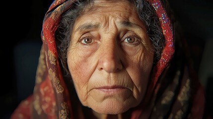 Vintage Portrait of an Old Persian Woman, Curly Brown Hair, Evoking Great Depression Era Aesthetics, Capturing Historic Movie Style, Richly Detailed Horizontal Illustration