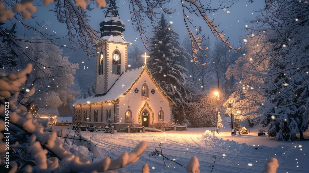 Aufkleber a church with a tall steeple stands in the middle of a snowy forest. the church is lit up with light