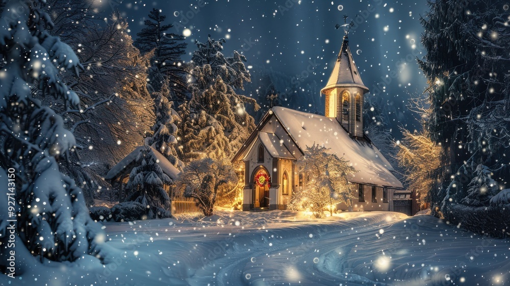 Poster a small, snow-covered church stands illuminated in a winter forest, with falling snow and soft light