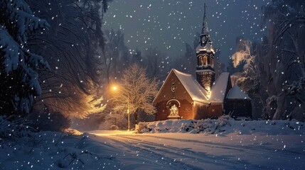 A snowy night scene with a church building illuminated by streetlights. Snow falls softly over the scene, creating a picturesque winter landscape. The church's steeple towers above the trees lining th