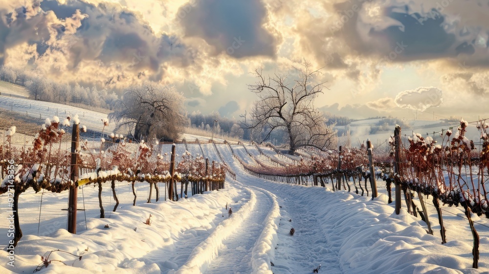 Aufkleber a winding dirt road leads through a snow-covered vineyard, framed by bare vines and a single tree. t