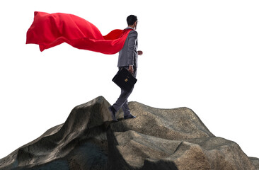 Superhero businessman on top of mountain