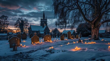 A snow-covered graveyard with a church in the background. The scene is lit by candles placed on the graves. The sky is dark with a few clouds, and the trees are bare. The candles cast a warm glow on t
